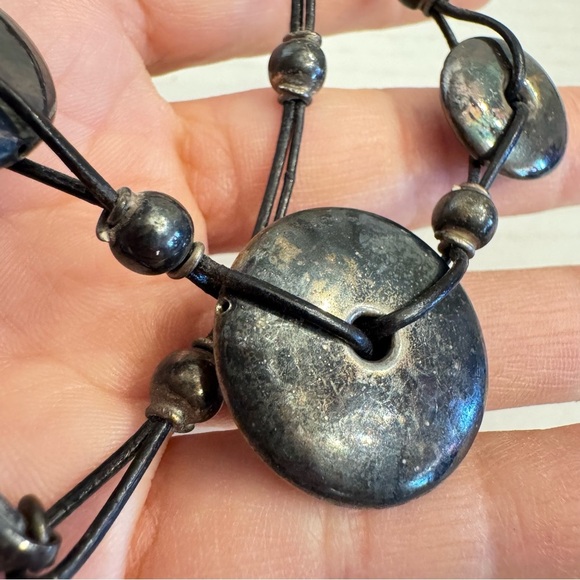 Sterling Silver Round Puffer Circle Discs Leather Cord Necklace Made in Italy - Picture 14 of 16